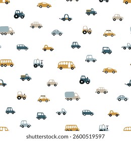 Toy car seamless pattern. Kids background with hand drawn transport. Childish cartoon vehicles for baby boys. Cute fabric print. Flat illustration: truck, car, tractor, school bus. Scandinavian style.