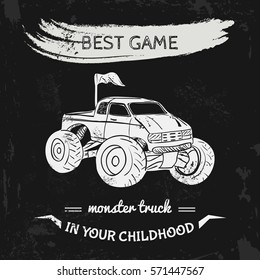 Toy car, shop concept, monster truck, bigfoot car, logo, simple illustration, t-shirt, print.