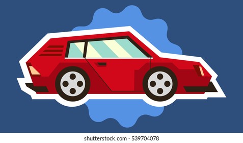Toy cars isolated white outline on a blue background. Vehicles travel. Sticker for children on the theme of the machine. Vector illustration. Flat style