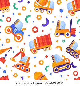 Toy cars seamless pattern. Cute construction machinery vehicles repeating print for backdrop, wallpaper, packaging, textile flat vector