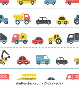 Toy Cars Seamless Pattern. Different toy cars: firefighters car, truck, taxi, bus, concrete mixer truck, garbage truck, delivery truck, tractor. Toys for the babies. Vector illustration on white