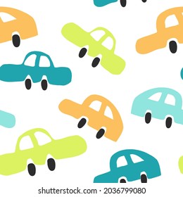 Spielzeugautos nahtloses Muster, handgezeichnet. Vektorgrafik, Minimalismus. süßer Babydruck für Textilien, Tapete, Wickelpapier. Rennen, Transport für Jungen