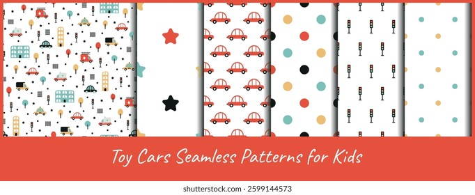 Toy cars for square seamless patterns. Set of Transport repeat fabric print for kids wear, textile, bedding, cover. Collection cartoon vehicle of nursery wallpaper. Companion cute ornaments included.