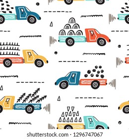 Toy Cars Vector Seamless Pattern with Doodle Dump Trucks. Cartoon Transportation Background for Kids. 