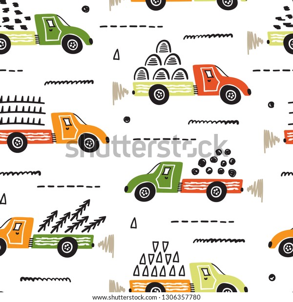 Toy Cars Vector\
Seamless Pattern with Doodle Dump Trucks. Cartoon Transportation\
Background for Kids. 