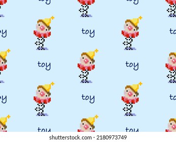 Toy cartoon character seamless pattern on blue background. Pixel style