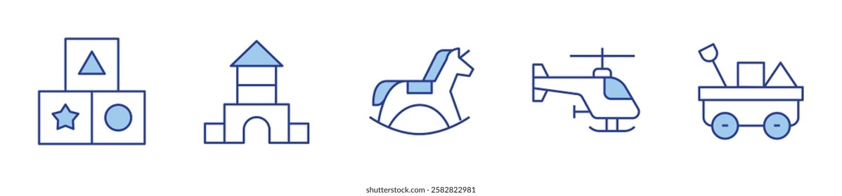 toy castle, cart, rocking horse, helicopter, blocks. Toys Icon vector illustration. Line Duotone style. Editable stroke.