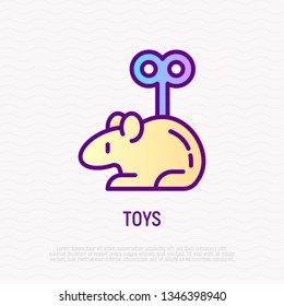 Toy for cat: cartoon mouse with clockwork key in her back. Modern vector illustration for pet shop.