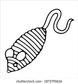 toy for a cat or dog in the shape of a mouse. Accessories for pets. An element from the doodles set drawn by hand. Isolated illustration on a white background.