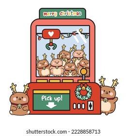 Toy catcher machine in merry christmas concept.Cute deer doll cartoon hand drawn.Animal character design.New year festival.Fun time.Kid playing.Kawaii.Vector.Illustration.