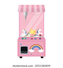 Toy catching machine cute unicorns concept. Soft toys. Donuts, stars.