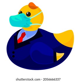 a toy cellulose duck as a visual aid calling for the use of personal protective equipment in the form of a businessman in a blue suit, red tie, a mask against viruses