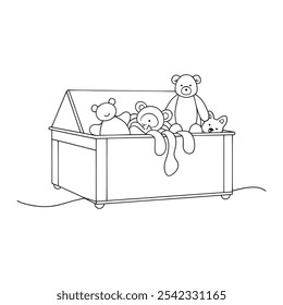 Toy Chest Furniture isolated continuous line art flat vector illustration on white background.