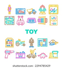 juguete niño bebé iconos de juego conjunto vector. juego de niños, oso de coches, regalo de bloques, peluche lindo, niños de madera, felpa de robots, educación de bolas, juguete de objetos niños juguete de bebé ilustraciones de la línea de color