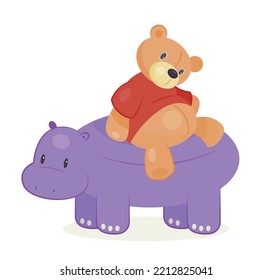 Toy for child. Poster with hippopotamus and cute teddy bear for play. Entertainment and activity. Design element for printing on paper. Cartoon flat vector illustration isolated on white background