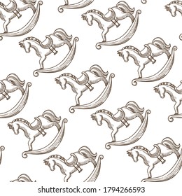 Toy for children, rocking horse or pony seamless pattern. Plush animal figure for riding, games for kids. Miniature mammal on wooden pedestal, monochrome sketch outline, vector in flat style