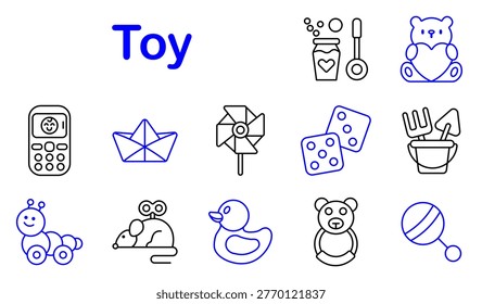 Toy children set icon. Line style icons display toy phone, paper boat, pinwheel spinner, dice cubes, sand bucket, caterpillar toy, windup mouse, rubber duck, teddy bear, rattle ball