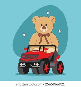 Toy children's car with teddy bear and stars. Flat vector cartoon illustration.