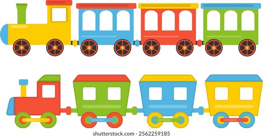 Toy children's train, children's train with cartoon carriages isolated on white background. Vector, cartoon illustration. Vector.