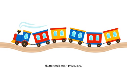 a toy of a children's train with colored carriages rushes along the rails. vector illustration isolated