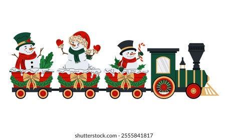 Toy Christmas train with funny snowmen. Christmas train. Steam train with wagons decorated Christmas wreaths and bows. Flat illustration on white background.