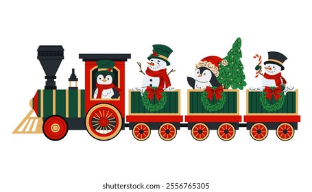 Toy Christmas train with funny snowmen and penguins. Christmas train. Steam train with wagons decorated Christmas wreaths and bows. Flat illustration on white background.