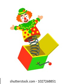 Toy circus clown on a spring jumping out of a box. Surprise joke for April Fools day. Jack in a box toy. Prank toy for kids. Carnival vector cartoon illustration