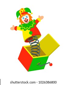 Toy circus jester on a spring jumping out of a box. Surprise joke for April Fools day. Jack in a box toy. Prank toy for kids. Carnival vector cartoon illustration