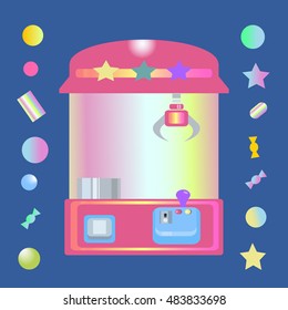 Toy Claw Machine With Sweets And Candy Balls Isolated On Dark Blue Background. Claw Crane Game.retro 90s Style.vector 