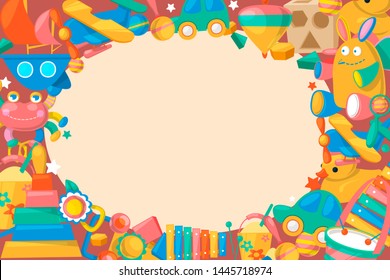 Toy collection for babies big background banner vector illustration. Cute objects for small children to play with, wooden and plastic toys, animals such as duck, rabbit. Fun and activity.