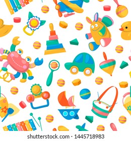 Toy collection for babies seamless pattern vector illustration. Cute objects for small children to play with, wooden and plastic toys, playful animals such as duck, rabbit. Fun and activity.
