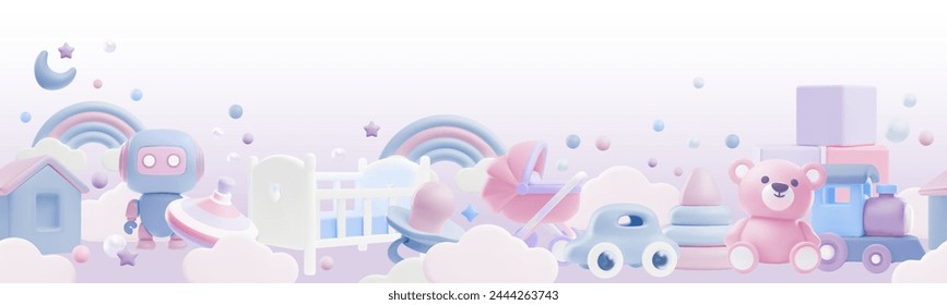 Toy collection banner. Robot, baby stroller and teddy bear in vector 3D illustration on a white background. Ideal for baby boy greeting cards and decorations. Baby shower.