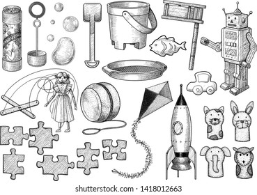 Toy collection illustration, drawing, engraving, ink, line art, vector