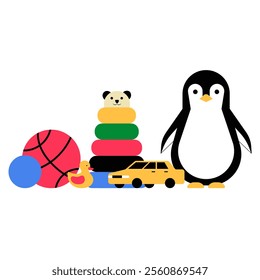 Toy Collection With Penguin And Blocks In Flat Vector Illustration Symbolizing Childhood, Play, And Creativity, Isolated On White Background.