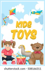 Toy  colorful poster with kite airplane doll handdrum and teddybear drawn on cartoon sky background vector illustration