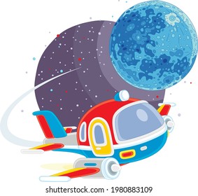 Toy colorful spaceship flying around a small planet in space flight, vector cartoon illustration on a white background