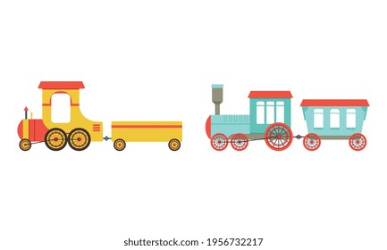 Toy Colorful Train or Locomotive as Rail Transport Vehicle with Wagon Vector Set