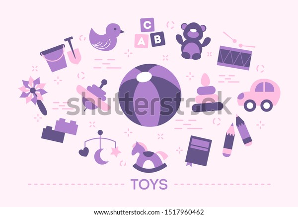 Toy concept.\
Teddy bear and pyramid, small car and horse. Set of colorful icons.\
Isolated flat illustration