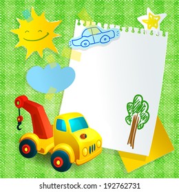 Toy construction machine postcard template with car and smiling sun stickers vector illustration