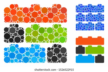 Toy constructor bricks mosaic for toy constructor bricks icon of spheric dots in variable sizes and color tinges. Vector round dots are grouped into blue mosaic.