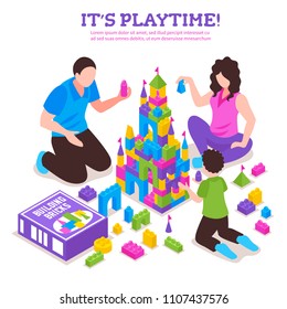 Toy constructor colorful isometric advertising poster with parents and child building castle from plastic bricks vector illustration  