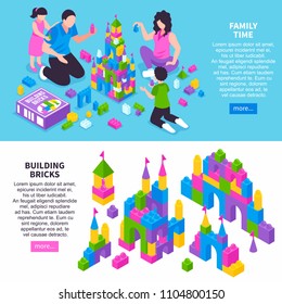 Toy constructor isometric horizontal web page banners with family building castle from colorful plastic bricks vector illustration  