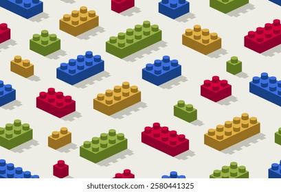 Toy constructor seamless pattern, isometric vector toy bricks tiling wallpaper, children game construction retro colored blocks endless pattern.