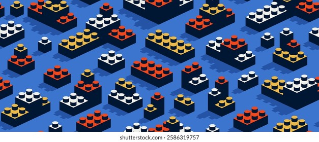 Toy constructor seamless pattern, isometric vector toy bricks tiling wallpaper, children game construction retro colored blocks endless pattern.