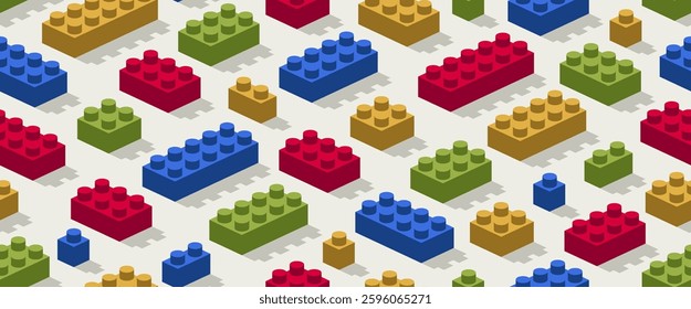 Toy constructor seamless pattern, isometric vector toy bricks tiling wallpaper, children game construction retro colored blocks endless pattern.
