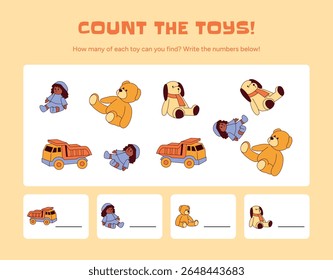 Jogo de contagem de brinquedos para crianças com ursinho de pelúcia amarelo, boneca, caminhão e cão de pelúcia. Contar e escrever o número de cada brinquedo. Planilha educacional. Tarefa de ilustração de vetor simples para atividade filho
