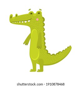 Toy crocodile flat vector illustration. Children s toy, printing on children s educational toys and puzzles. Smiling alligator, green artificial reptile. Cute exotic predator, amphibian, wild animal