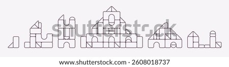 Toy cubes. Building blocks for kids. Children's educational game. Jigsaw puzzle game. House, building, tower, castle construction. Vector illustration. Outline. Flat style design.