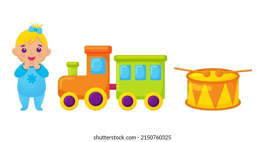 Toy cute doll, train and drum on white background.