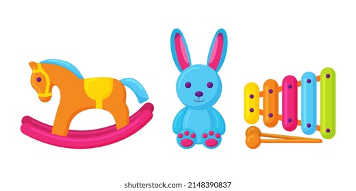 Toy cute horse, bunny and xylophone on white background.